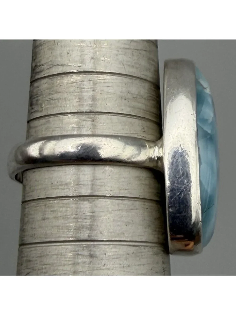 Larimar Large Freeform Cabochon Ring Caribbean Blue Sterling Silver Size 7